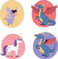 Cute fairy, dragon, and unicorn characters in colorful flat style with magical fantasy theme illustration vector