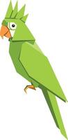 Green parrot with spiked crest perched calmly flat geometric minimal illustration vector