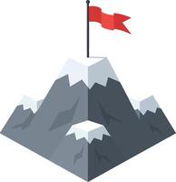 Snow capped mountain peak with red flag atop in flat minimalist style illustration vector