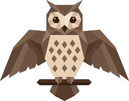 Brown owl with spread wings perched on branch in geometric flat design art vector
