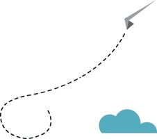 Paper airplane flying with dashed trail and blue cloud in minimal flat illustration art vector