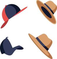 Four assorted caps and hats in flat style featuring baseball and straw hats illustration vector