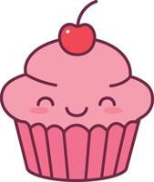 Cute smiling cupcake with pink frosting and cherry on top flat minimal illustration vector
