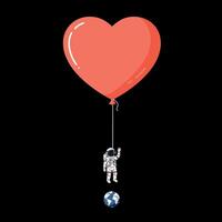 Astronaut floating in space holding large red heart-shaped balloon minimal flat illustration vector