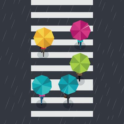 Top view of five people crossing street with colorful umbrellas in rain flat design illustration