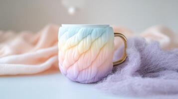 A colorful mug with a gold handle sitting on a purple and pink blanket photo