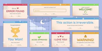 Computer windows graphic set, retro pc interfaces with text and buttons, decorative dialog screens. illustrations. vector