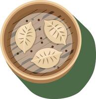 Steamed dumplings in bamboo basket with shadow flat design minimal illustration vector