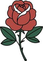 Red rose flower with green leaves and thorny stem flat minimal design illustration vector