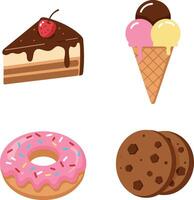 Assorted dessert foods flat style with cake slice cherry ice cream cone donut and chocolate cookies art vector