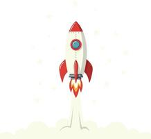 Small red and white retro rocket launching with bright flames and smoke in minimal flat illustration vector