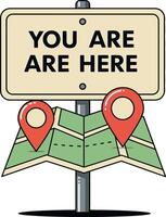 Navigation map with location pins and you are here sign flat design illustration vector
