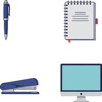 Office supplies flat design with pen, notebook, stapler, and computer screen illustration vector