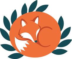 Sleeping fox curled in a circle with green leaves flat minimal nature illustration vector