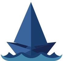 Blue paper sailboat floating on stylized calm waves minimal flat art vector