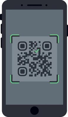Modern smartphone scanning QR code with green focus frame flat minimal illustration