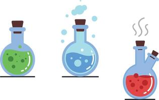Three laboratory glass bottles with colorful liquids and bubbles in flat style art vector