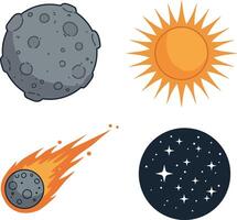 Celestial objects including sun, meteor, asteroid, and starry sky in flat colorful illustration art vector
