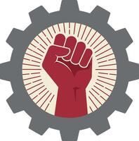 Raised fist symbol inside grey gear icon with red rays in flat design illustration vector