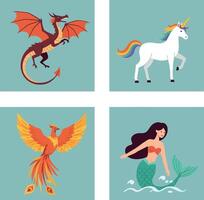 Mythical creatures collection featuring dragon, unicorn, phoenix, and mermaid in flat colorful art vector