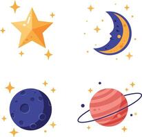 Colorful space objects including star moon planet and cratered asteroid flat style art vector