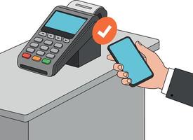 Mobile payment with smartphone near modern card reader terminal flat design illustration vector