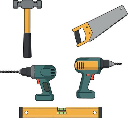 Set of construction hand tools with hammer saw drills and level flat design illustration
