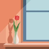 Red tulip flower in glass vase near window with soft natural light flat style art vector