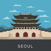 Traditional Korean palace gate with layered roofs and stone walls in flat design illustration vector