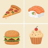 Assorted fast food items flat design with pizza slice sushi piece hamburger and cupcake art vector