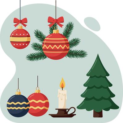 Christmas ornaments and candle with pine tree flat design festive holiday illustration