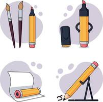 Artistic tools with paintbrushes pencil marker and paper in cartoon flat style illustration vector