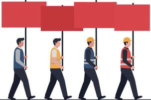 Group of diverse workers holding red protest signs walking forward flat design illustration vector