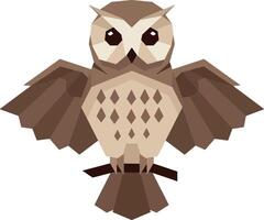 Brown owl with spread wings perched on branch flat geometric minimal illustration vector