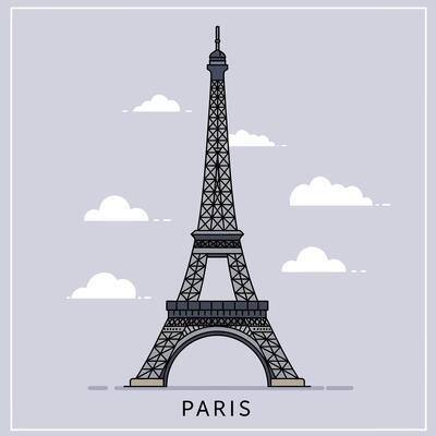 Eiffel Tower landmark illustration in minimal flat design with cloudy sky art