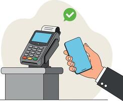 Hand holding smartphone making contactless payment near card reader with approval checkmark flat illustration vector