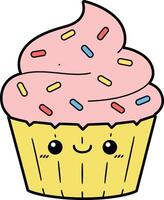 Cute smiling cupcake with pink frosting and colorful sprinkles in flat design illustration vector