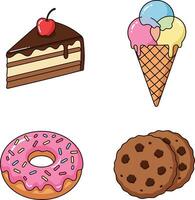 Assorted dessert icons including chocolate cake slice with cherry, colorful ice cream cone, pink frosted donut, and chocolate chip cookies flat illustration vector