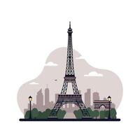 Eiffel Tower with Paris cityscape and Arc de Triomphe in flat minimal illustration vector