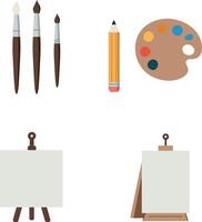 Artistic tools including paintbrushes pencil and color palette with blank canvases flat design illustration vector