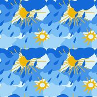 Seamless pattern of yellow sun and clouds of different shades of blue with raindrops in children's style hand drawn for posters, cards, stickers. Seamless pattern on pastel soft blue background vector