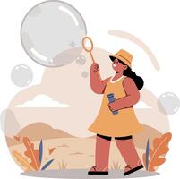 Young woman in summer dress and hat blowing large soap bubbles outdoors flat design illustration vector