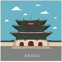 Traditional Korean palace architecture with multi-tiered roofs in detailed flat design illustration vector