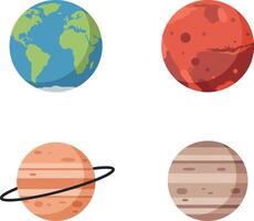 Four colorful planets including Earth, Mars, Saturn, and Jupiter in flat design illustration vector