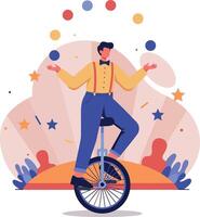 Male juggler balancing on unicycle in colorful flat design with stars and abstract shapes illustration vector