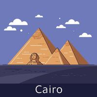 Ancient Egyptian pyramids and sphinx under blue sky with clouds flat design illustration vector