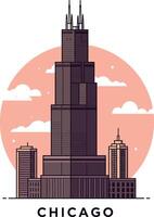 Chicago skyline featuring Willis Tower and surrounding buildings in minimal flat design with sunset sky illustration vector