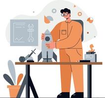 Young man engineer assembling rocket prototype in workshop flat design illustration vector