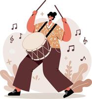 Woman playing drum with drumsticks in energetic pose flat colorful illustration vector
