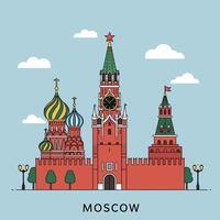Moscow iconic architecture with colorful onion domes and clock tower flat design illustration vector